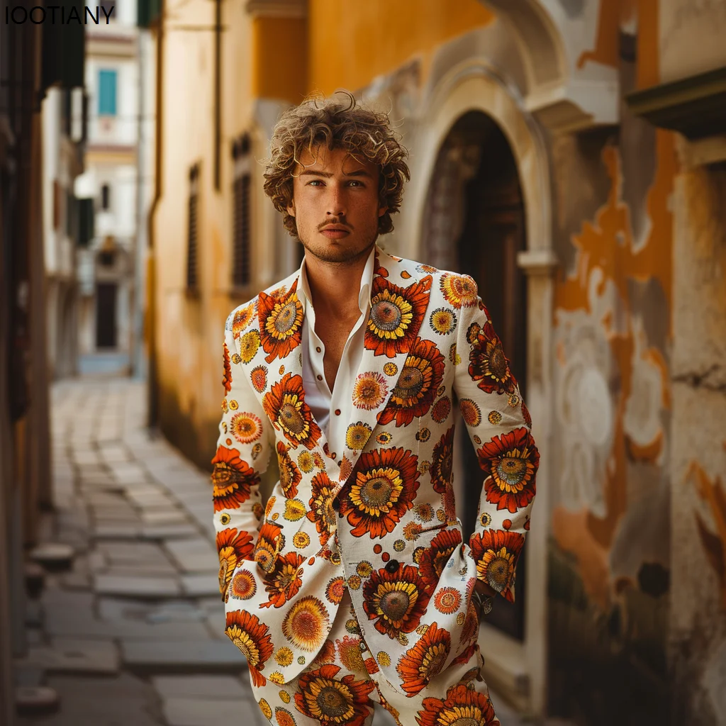 Men Colorful Flower Print Tailored Suit Casual Vintage Sunflower Daisy Floral Blazer Pant Party Dress Shiny Cool Showing Suits