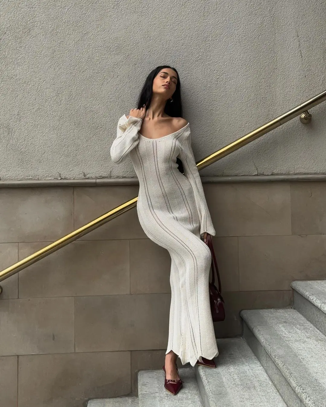 Hollow Out Knitwear Backless Long Dress Women's Slim High Waist Skinny Autumn Elegant Party Dress Female Knit Dress