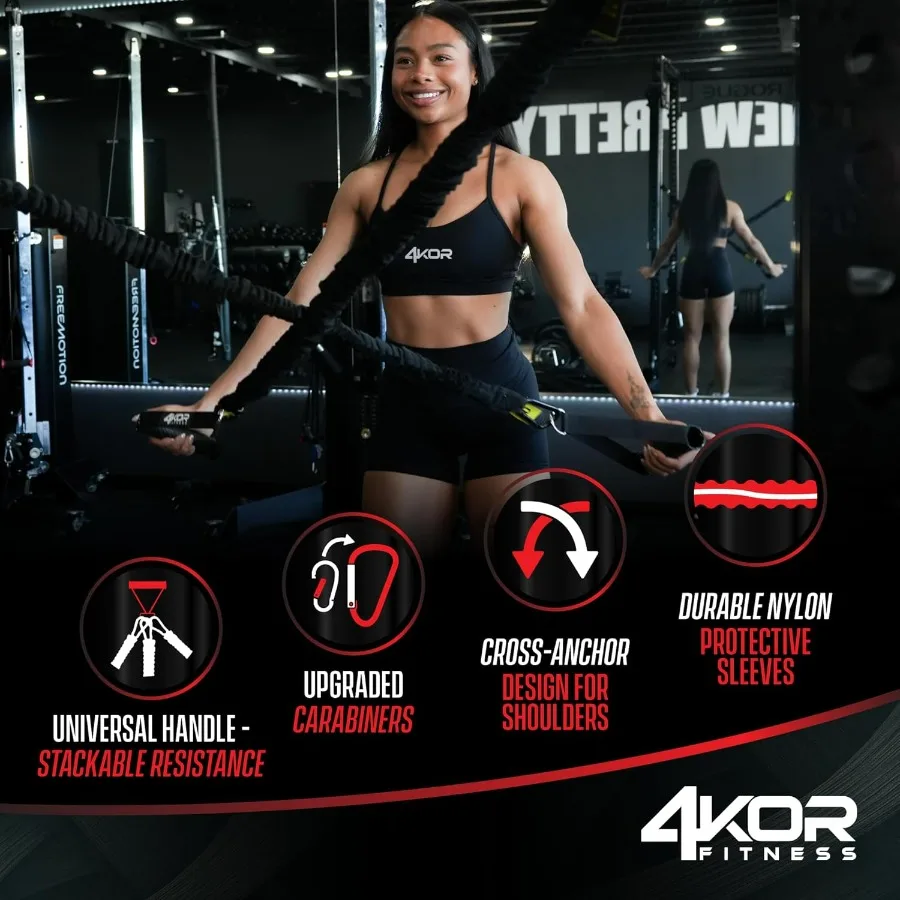 Deluxe Shoulder and Full Body Cross Anchored Resistance Cord System with Interchangeable Handles, Foot Straps, and Workout Guide