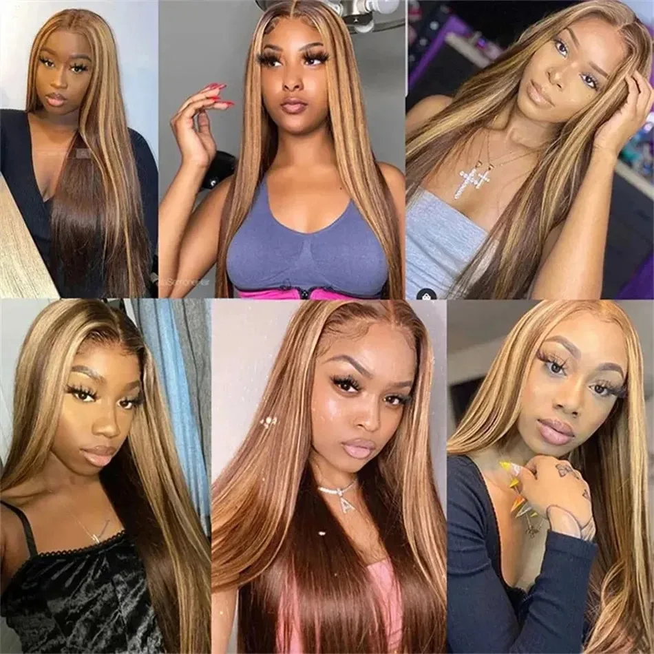 32 Inch 5x5 Straight Highlight HD Lace Front Human Hair 13x4 Lace Frontal Wigs 4/27 Ombre Honey Blonde Color Wig For Women 6