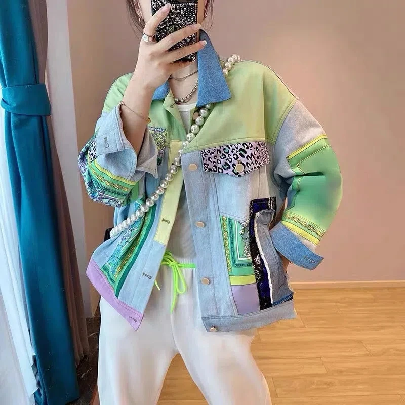 

Denim Jacket Women Spring Autumn New Streetwear Female Patchwork Short Cowboy Coat Harajuku Single Breasted Casual Jeans Tops