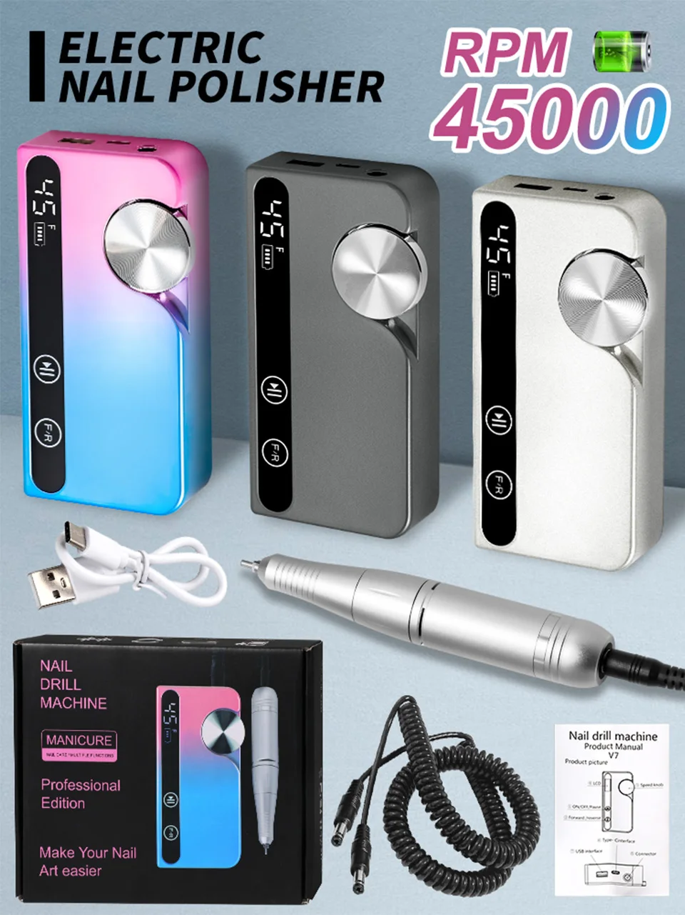 Description Picture 2 of item45000RPM Electric Nail Drill Machine Professional Nail Drills for Gel Nails Polish Rechargeable Portable Nail File Manicure Tool