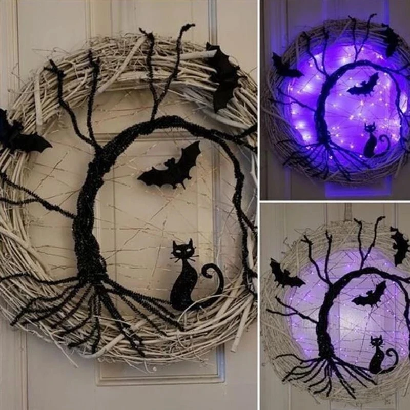 

Happy Halloween Krans Met Led Light Up Zwarte Vleermuis Kat Krans Hanger Halloween Krans Decoratie Voor Thuis Feestartikelen