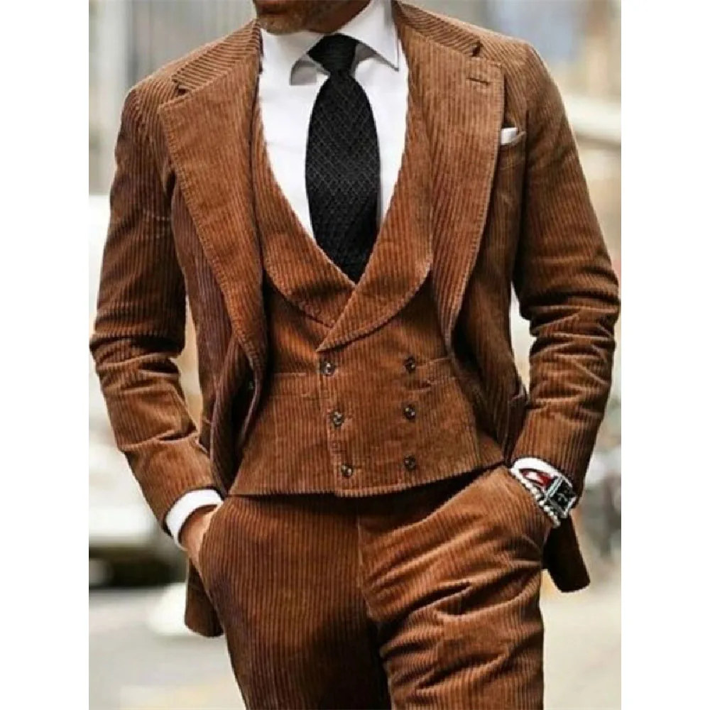 Vintage Corduroy Men Suits Tailor-Made 3 Pcs Set Wedding Groom Tuxedo Prom Slim Fit Outfits Business Jacket Vest Pants