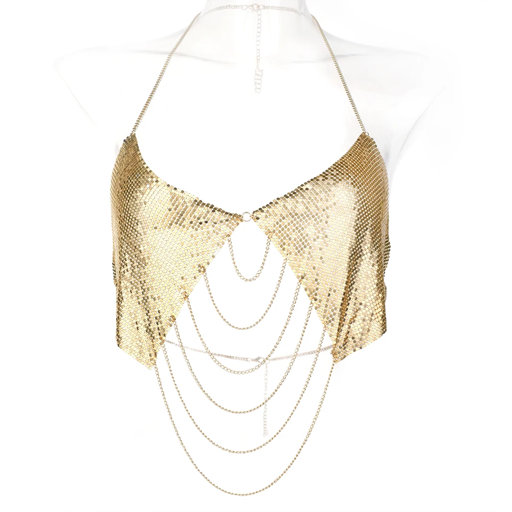 Sexy Women Metal Body Chain Bling Halter Top Bra Chain Golden Jewelry Chest Chain Fashion Girl Festival Body Accessories Jewelry