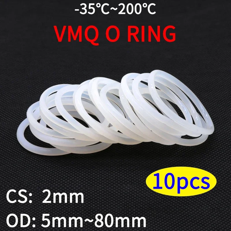 VMQ O Ring Seal Gasket Thickness CS 2mm OD 5 ~ 80mm Silicone Rubber Insulated Waterproof Washer Round Shape White Nontoxic 10pcs Rubber O Rings Sealing Gasket Rubber Washers Silicone O Rings