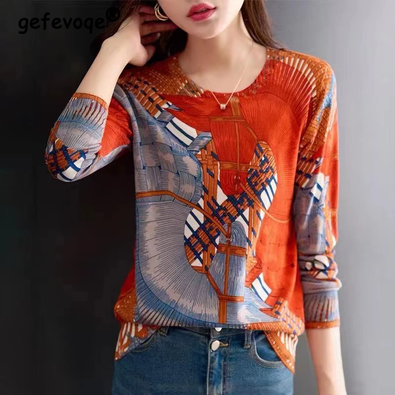 

Korean Fashion Vintage Printed Round Neck Long Sleeve Basic Tee T Shirt Women Spring Autumn Casual Slim Top Female Clothing 2023