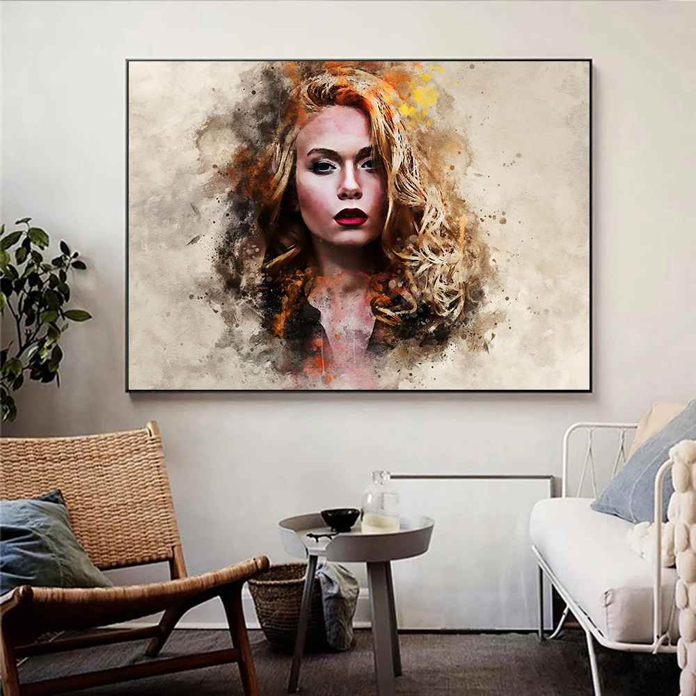 Retrato personalizado con salpicaduras de acuarela, obra de arte en lienzo,  pinturas artísticas, póster, impresiones, imagen de pared para habitación,  decoración del hogar, regalo único - AliExpress