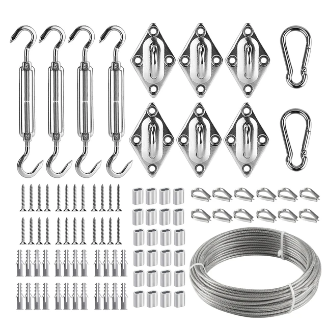Árnyékos Vitorla Előtető -Kiegészítő 304 Rozsdamentes Acél Háromszög Hardverkészlet Turnbuckle Clip Hook 30 M/3 Mm Pvc Bevont Huzalkötél