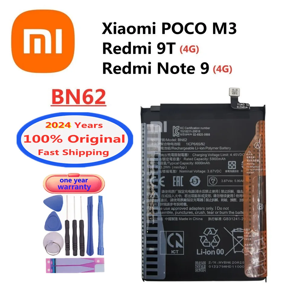 

2024 Years 6000mAh BN62 Original Battery For Xiaomi POCO M3 POCOM3 Redmi 9T / Redmi Note 9 Note9 4G Version Phone Battery