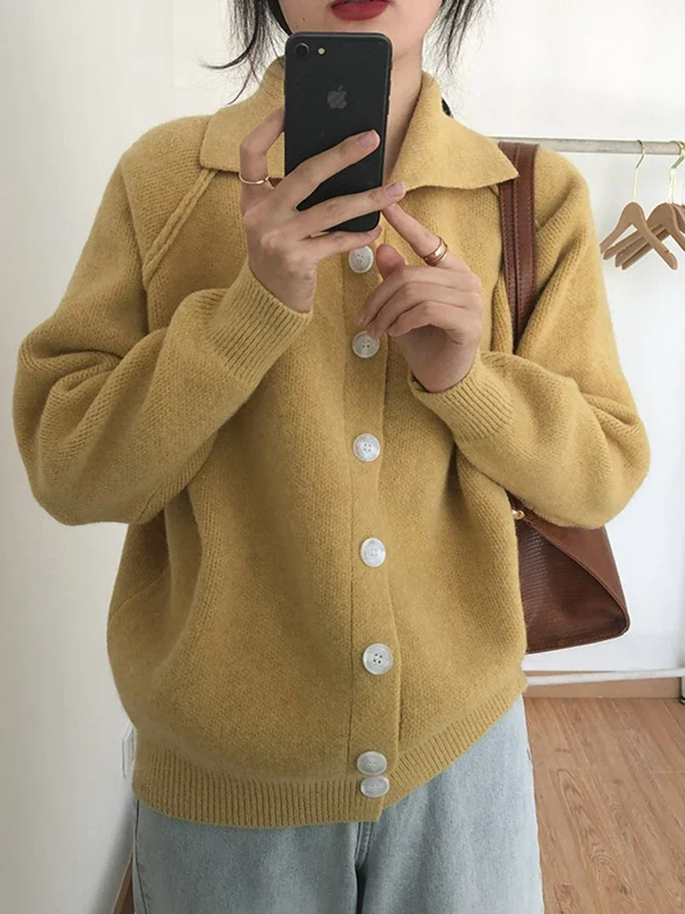 

Knitted Cardigans Women Solid Long Sleeve Sweater Autumn Winter Single Breasted Turn-down Collar Loose Coat Korean 2024
