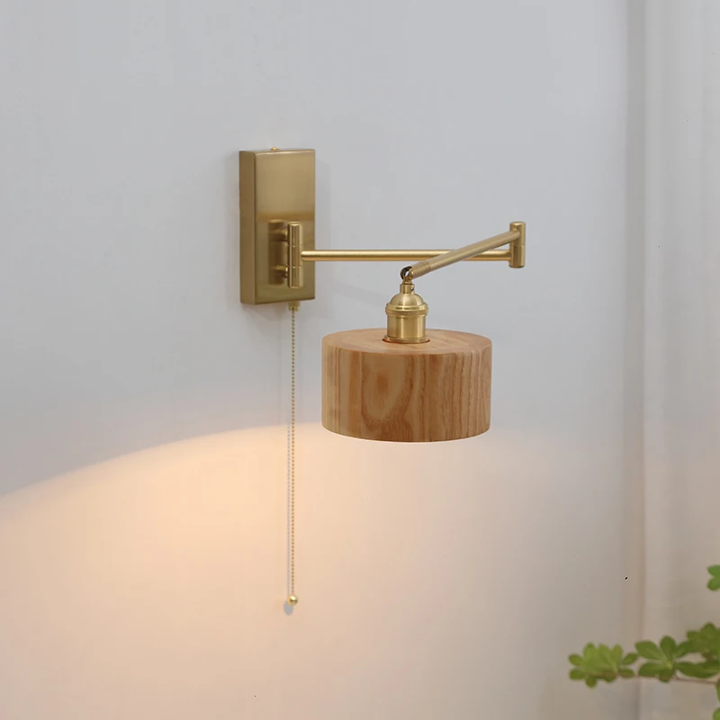 IWHD Left Right Rotate LED Wall Lamp Sconce Pull Chain Switch Bedroom Bathroom Mirror Stair Light Wooden Lampshade Wandlamp