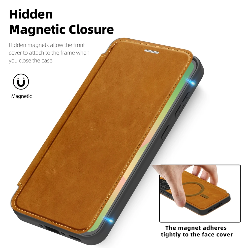 Enhanced Wireless Charging Leather Flip Case with Card Pockets and Magnetic Closure