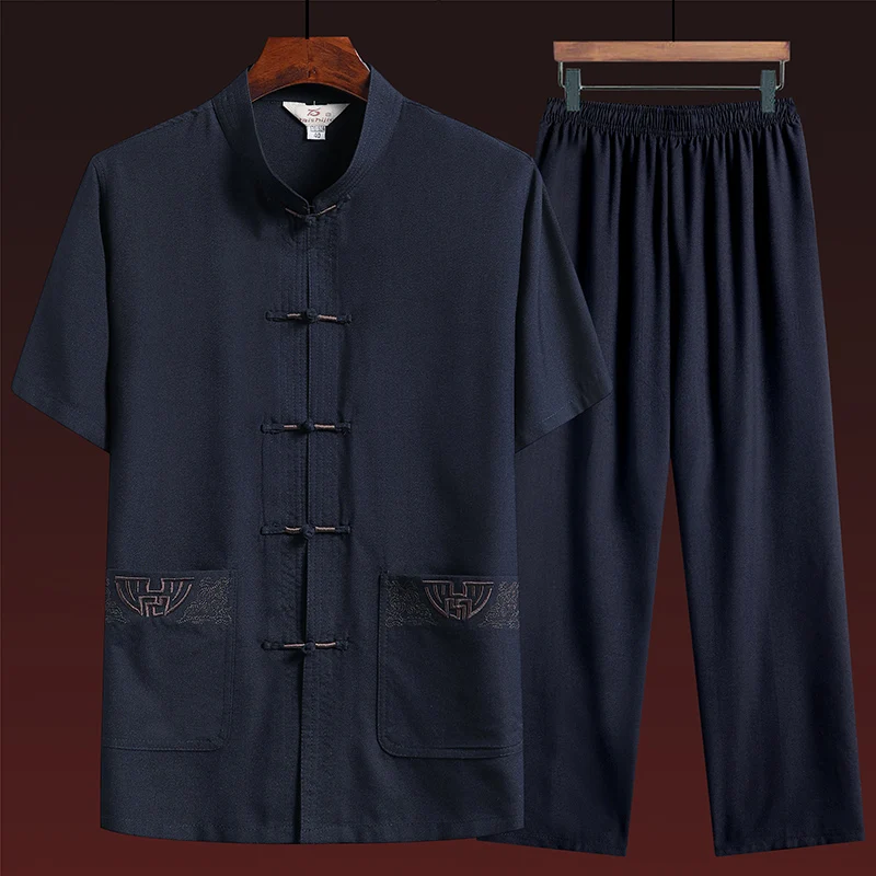 Cotton and Linen (top + Pants) Elderly Men Gold Silk Pan Buckle Pocket Embroidered Tang Dress Han Dress Lay Tai Chi Suit Set 5