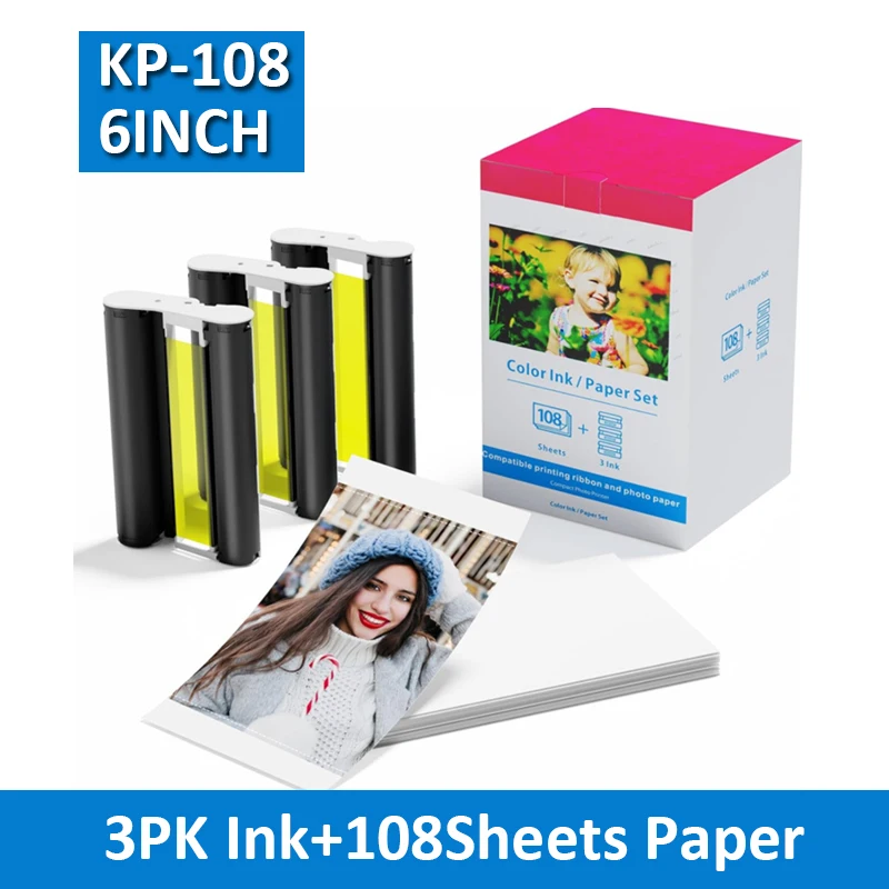 مجموعة ورق طباعة وصور متوافقة مع طابعات كانون سيلفي (KP108IN)، تدعم موديلات CP1500، CP1300، CP1200، CP910، CP900، وCP760 بمقاس 4x6...