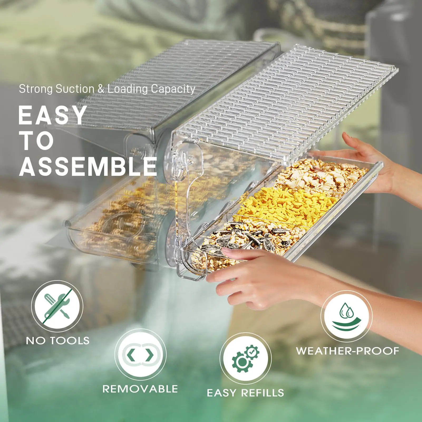 Bird Feeder Window Viewing Bird Feeder with 3 Section Tray and Roof Cover Outdoor Suction Cup Hanger Clear Plastic