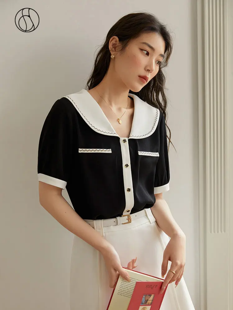 

DUSHU Contrast Minimalist Lapel Versatile Shirt For Women In Summer 2023 New Front Shoulder Slimming Shirt For Women