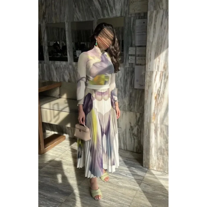 2023 Miyake Pleated New Women Suit Slim Western Print Stand Collar Long Sleeve Top Loose Slim Skirt Casual Party Two Piece Set