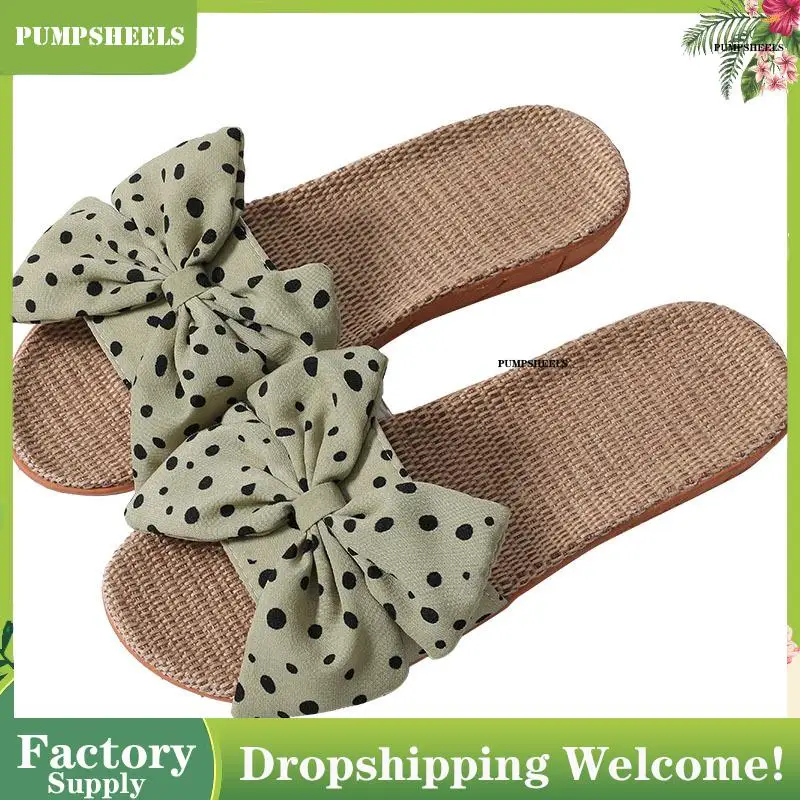 

Summer Bow Linen Slippers Women's Japanese Cute Wave Point Home Indoor Wood Floor Ladies Linen Slippers