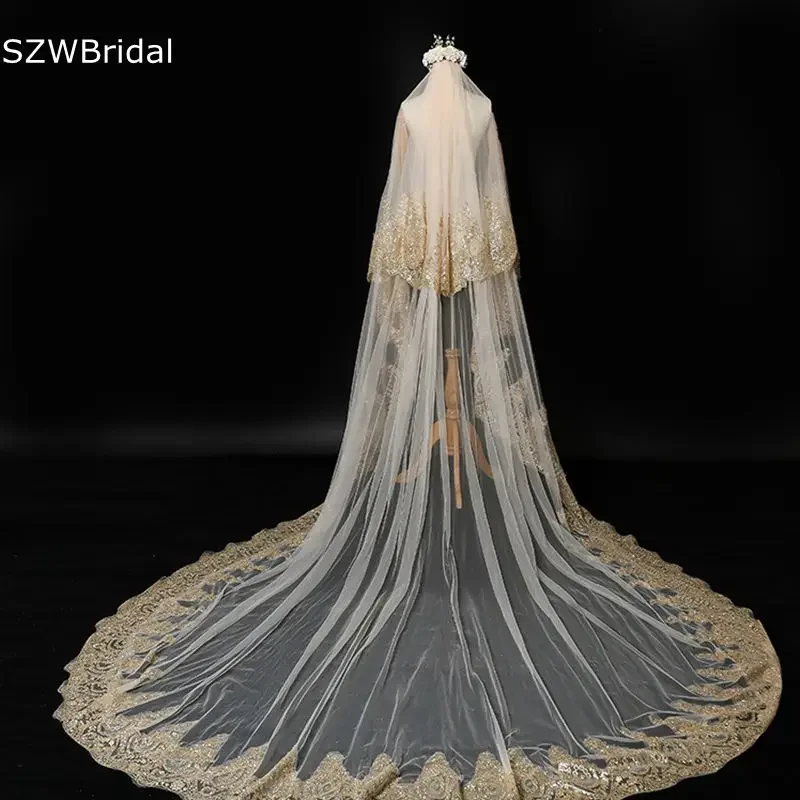 

Wholesale Champagne Lace Edge Wedding Veils Cathedral Bridal Veil 3 Meter Velos de novia Bridal headwear Wedding Accessories