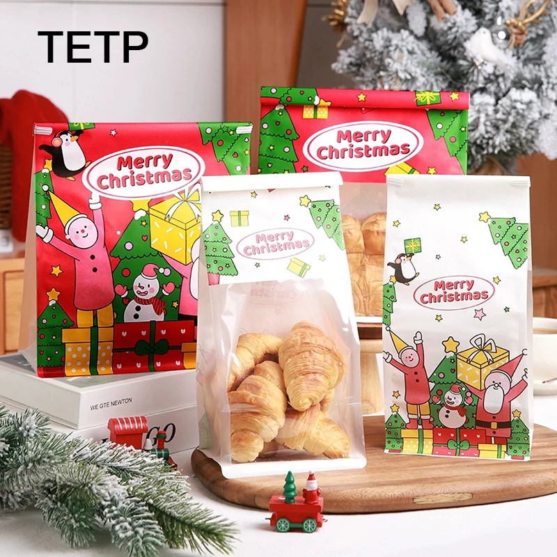 TETP 50Pcs Christmas Bread Packaging Bags With Transparent Window New Year Party Takeaway Cake Cookies Decoration Favors