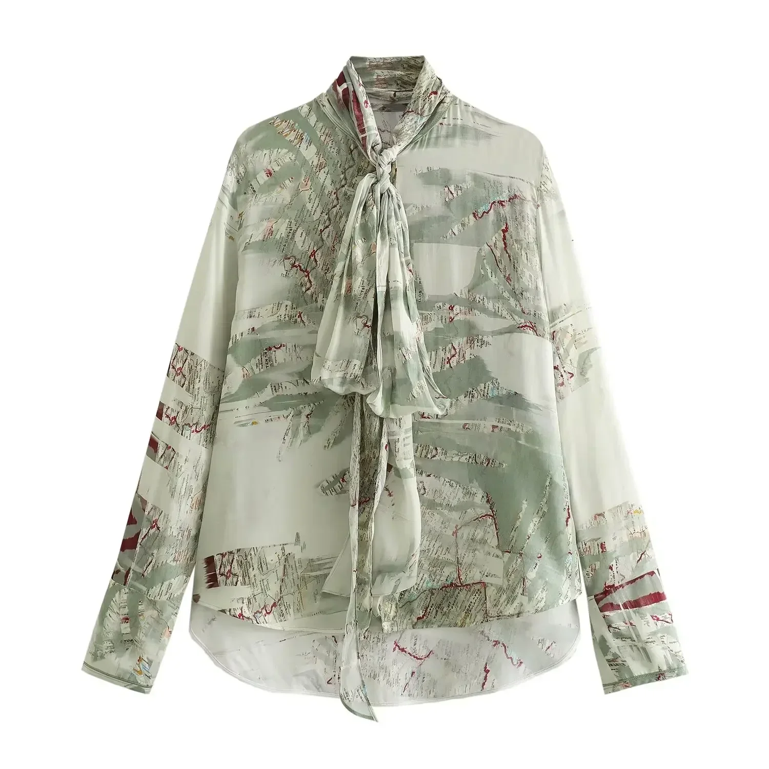 

Women 2024 New Fashion Bow tie decoration Loose Print Asymmetric Blouses Vintage Long Sleeve Button-up Female Shirts Chic Tops