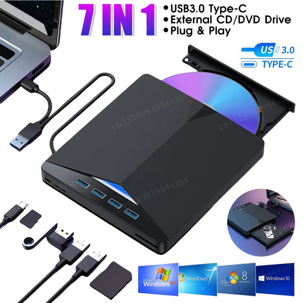 7 in 1 USB 3.0 Type C External CD DVD Drive Portable RW CD DVD Player Optical Drive Plug & Play for Windows 11/10/8/7/Linux