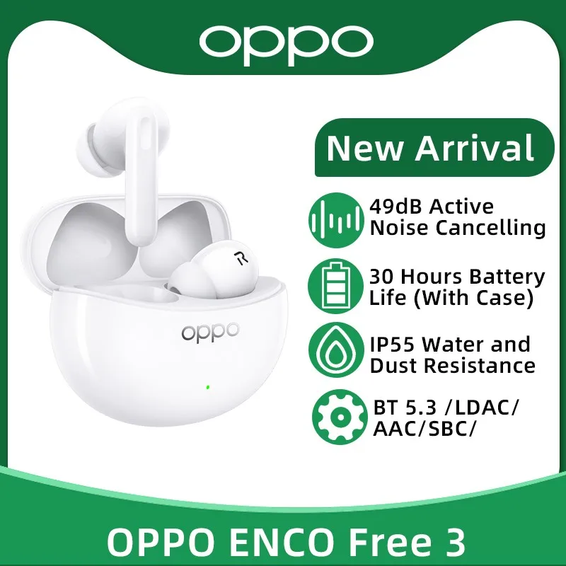

OPPO Enco Free 3 TWS Earphone Wirelss Bluetooth 5.3 Earbuds 49dB Active Noise Cancelling HiFi Quality LDAC For OPPO Find X6 Pro