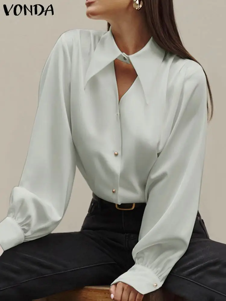

Elegant Women Blouse 2023 VONDA Spring Satin Silk Shirts Long Sleeve V-Neck Button Shirts Casual Solid Color Office Blusas Femme
