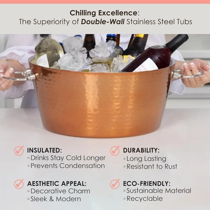 Insulated Rose Gold Double Walled Ice Bucket for Parties, Anchored Wine Bucket/Large Ice Bucket with Handles, Drink Cooler for