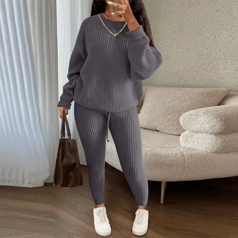 Women Knitted Sweater Sets Long Sleeve O Neck Pullovers