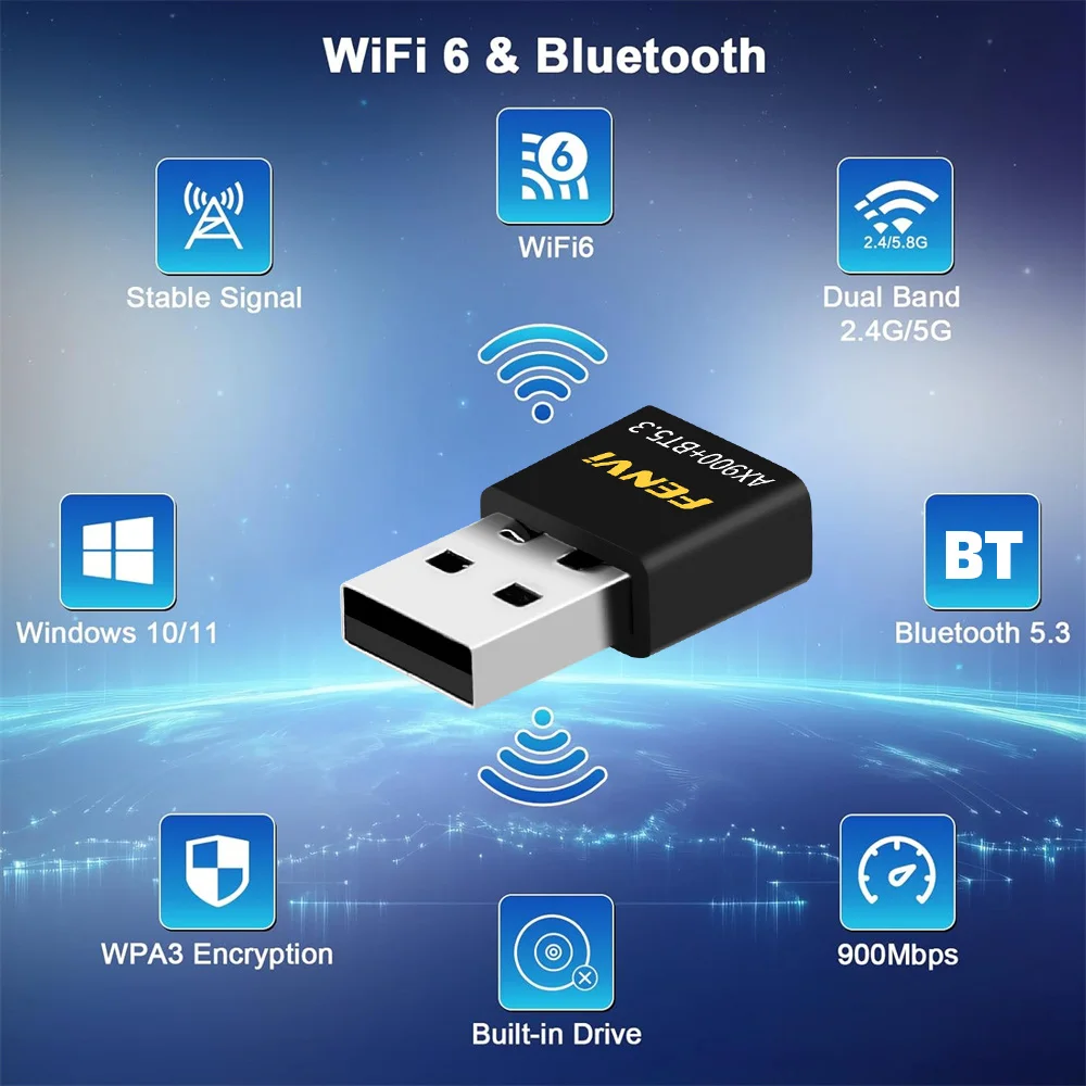 Fenvi WiFi 6 AX900 BT5.3 USB WiFi 어댑터 802.11ax 듀얼 밴드 2.4G/5GHz WiFi 카드 USB 동글 드라이브 무료 PC Win10/11