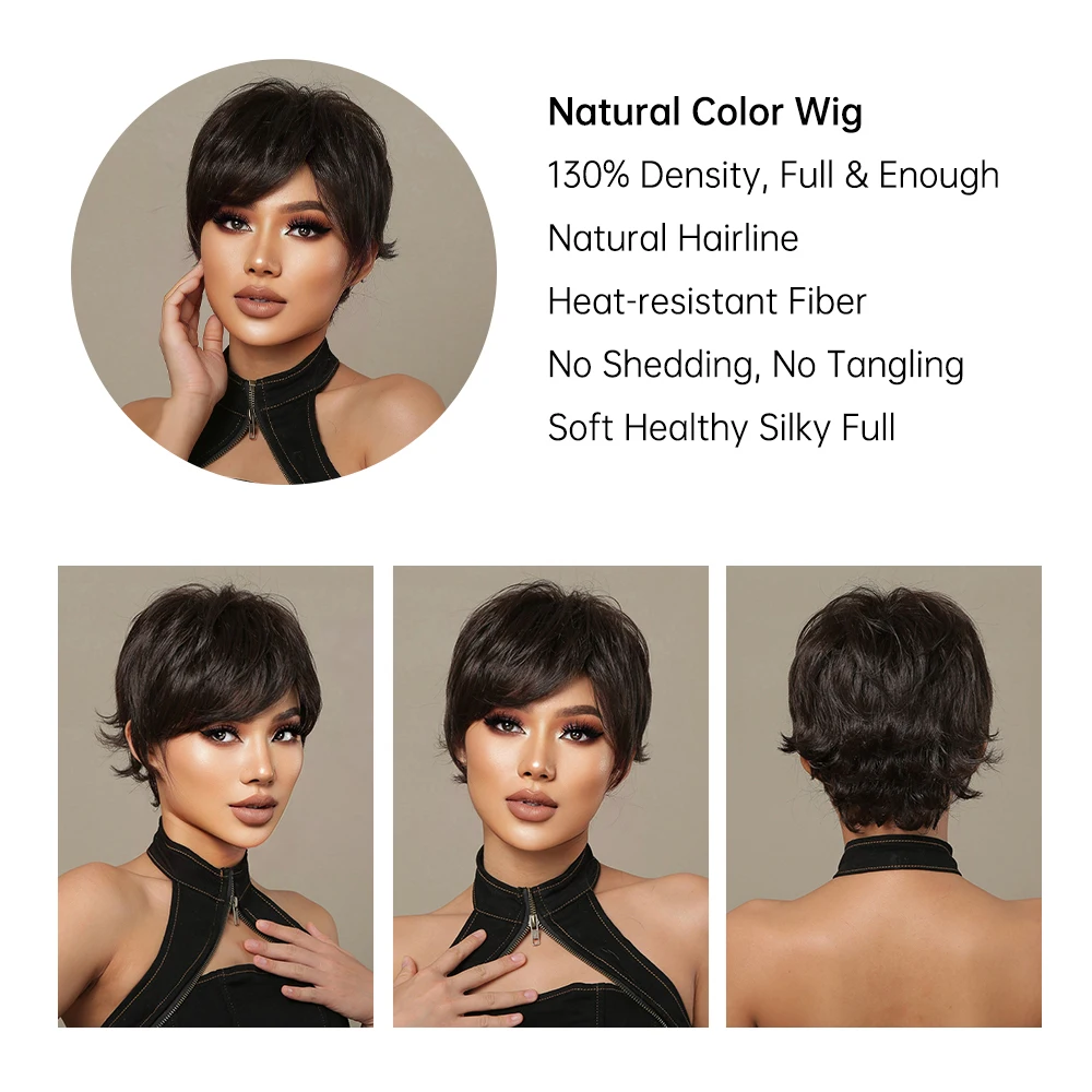 Pixie Cut Natural Black Wavy Wig Short Blend Human Hair Synthetic Wigs Fluffy Layered Bang Natural Heat Resistant Women's Wig images - 6