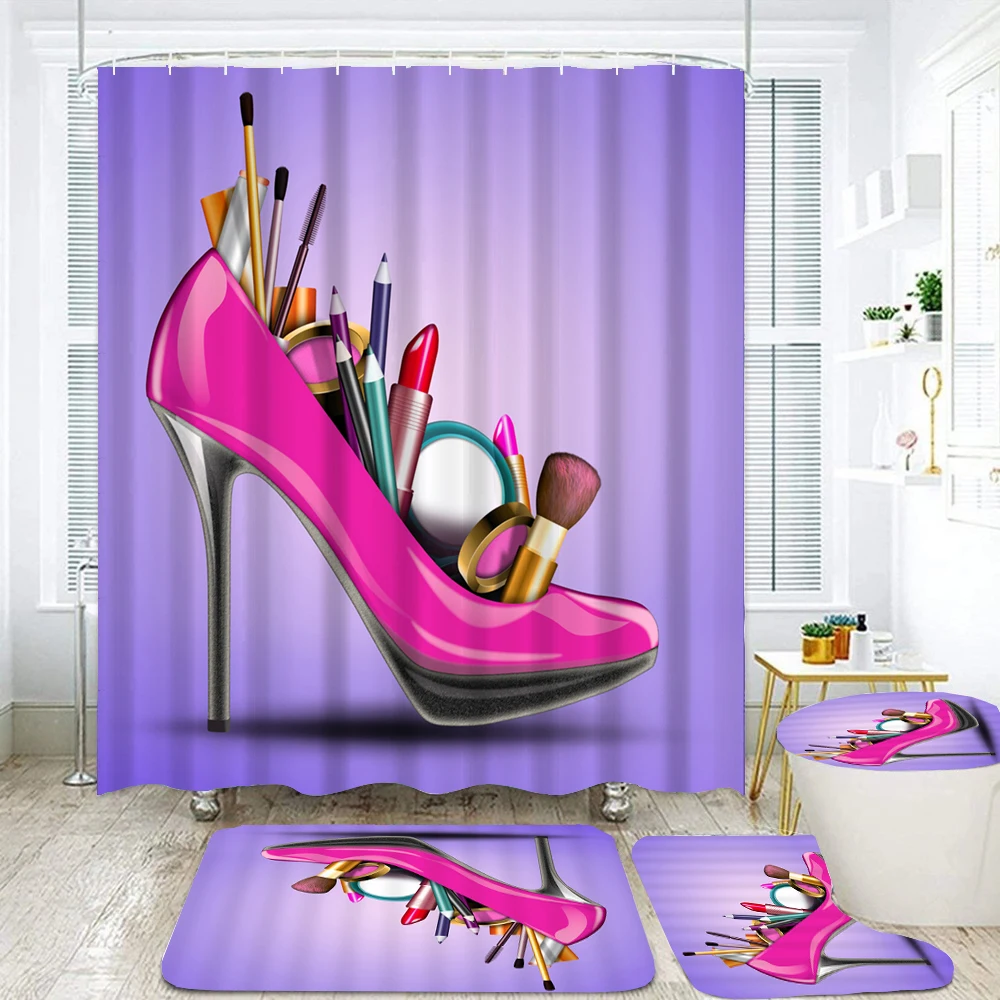 

Pink High Heels Cosmetics Shower Curtain Set with 12 Hooks Bathroom Curtain Toilet Covers Seat Bath Mats Non-slip Rug Carpet