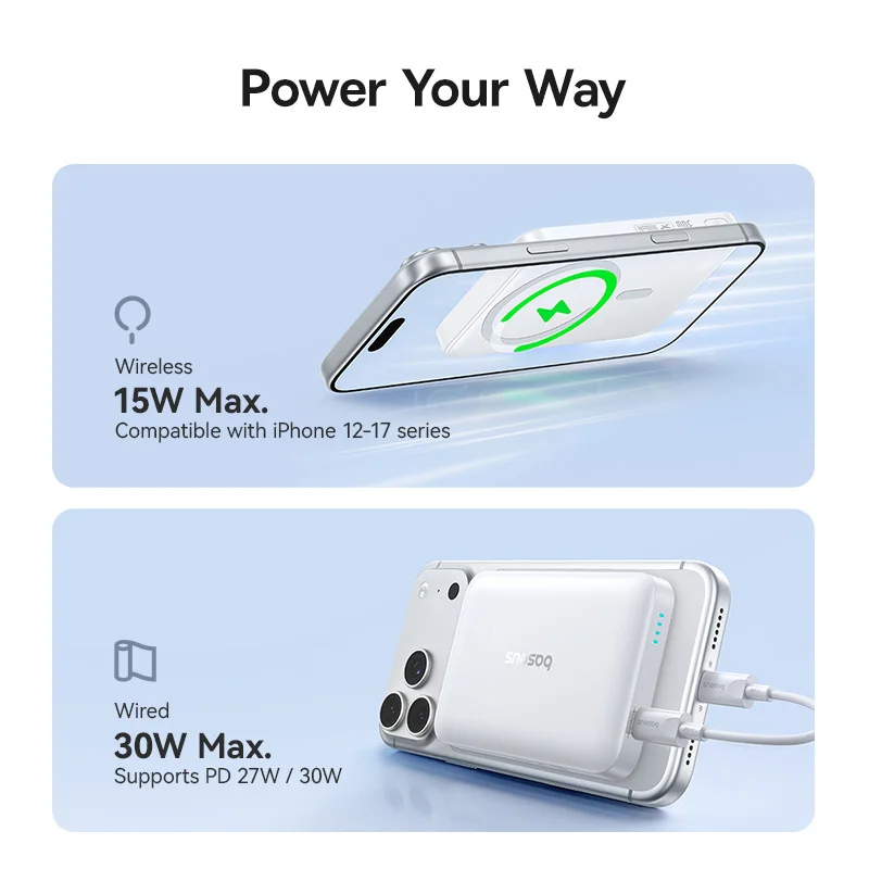 Baseus Magnetic Power Bank 10000mAh PD 30W Wired 15W Wireless Fast Charging For iPhone 17 16 Pro Max Samsung Magnetic Powerbank