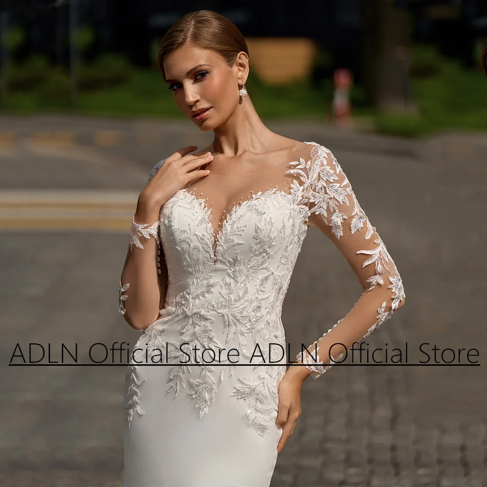 Lady Mermaid Wedding Dresses for Bride Customized Long Sleeevs Scoop Sequined Applique Sweep Train Back Buttons Bridal Gown 3