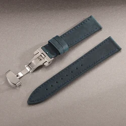 Premium Leather Watch Band with Butterfly Clasp - Quick Release Wristband in Black or Brown - 18mm (Dark Blue)