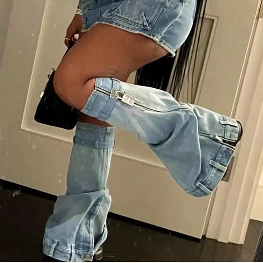 

New 2023 Fashionable Thick Bottom Denim Boots Skirt Shark Round Head Women's Boots Luxury Long Belt Buckle Casual Boots