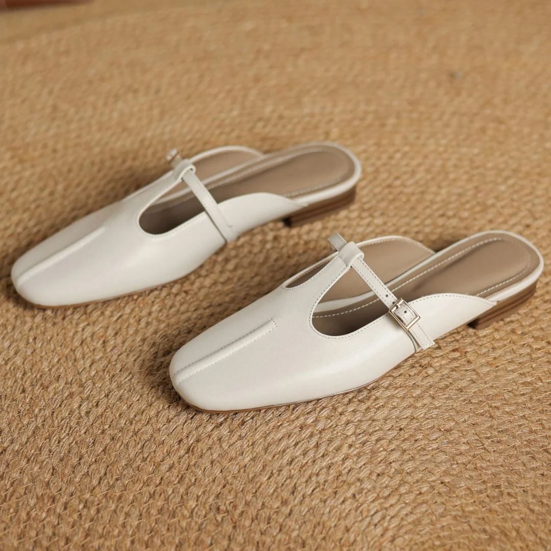 danxuefei plus size 34-41 women's cow leather t-strap slip-on flats summer slides sandals casual female soft comfortable mules