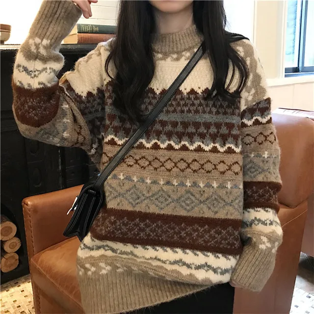 Vintage Sweater Women Knitted Pullovers Winter Striped Jumper Casual Oversized  Sweaters Ladies Long Sleeve Knitwear Warm Tops - AliExpress