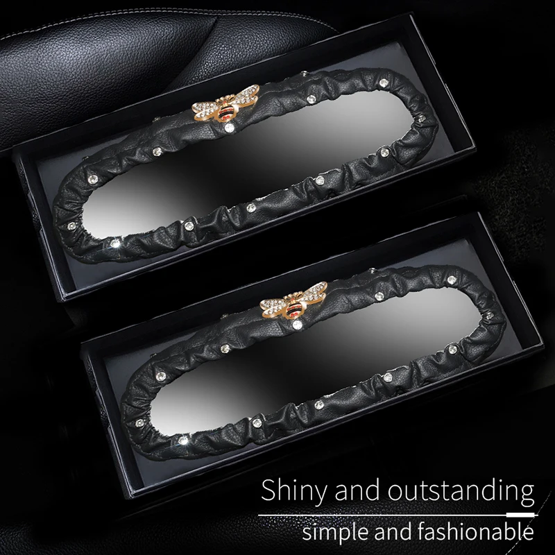 Crown Bee Car Rearview Mirror Cover Crystal Diamond Leather Auto Rear View Mirror Decoration Automotive Interior Accessories