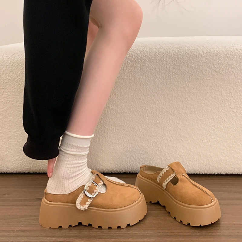 New Summer Faux Suede Leopard Print Buckle Strap Chunky Platform Mules Sandals Clogs Round Toe Casual Slippers Shoes_vogvips.com