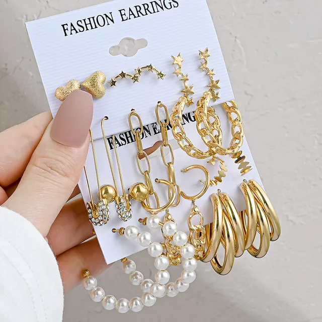 Vintage Gold Geometric Women's Earrings Set Fashion Pearl Circle Hoop Earrings For Women Brincos 2022 Trend Female Jewelry Gifts 3
