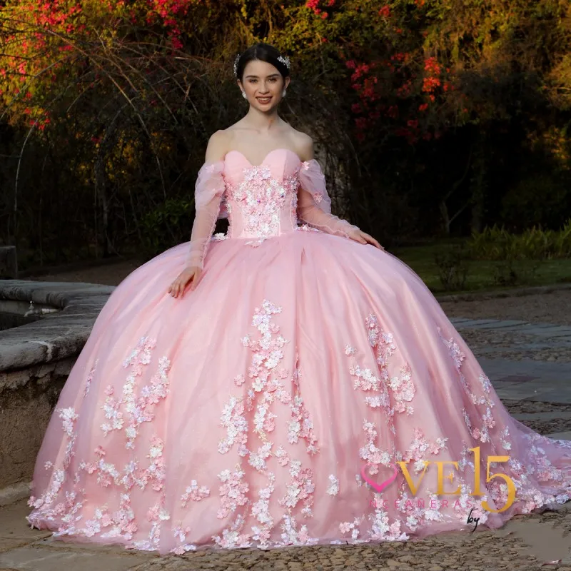 

Pink Sweetheart Quinceanera Dresses For 15 Party Princess Appliques 3DFlower Tulle Lace Birthday Party Dress Gradient Ball Gown