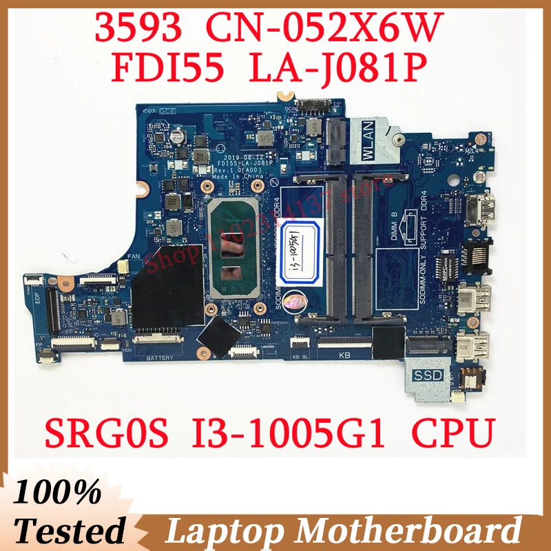 para Dell 3493 3593 Cn052x6w 052x6w 52x6w com Srg0s I31005g1 Cpu Mainboard Fdi55-la-j081p Portátil Placa-mãe 100 Completamente Testado ok