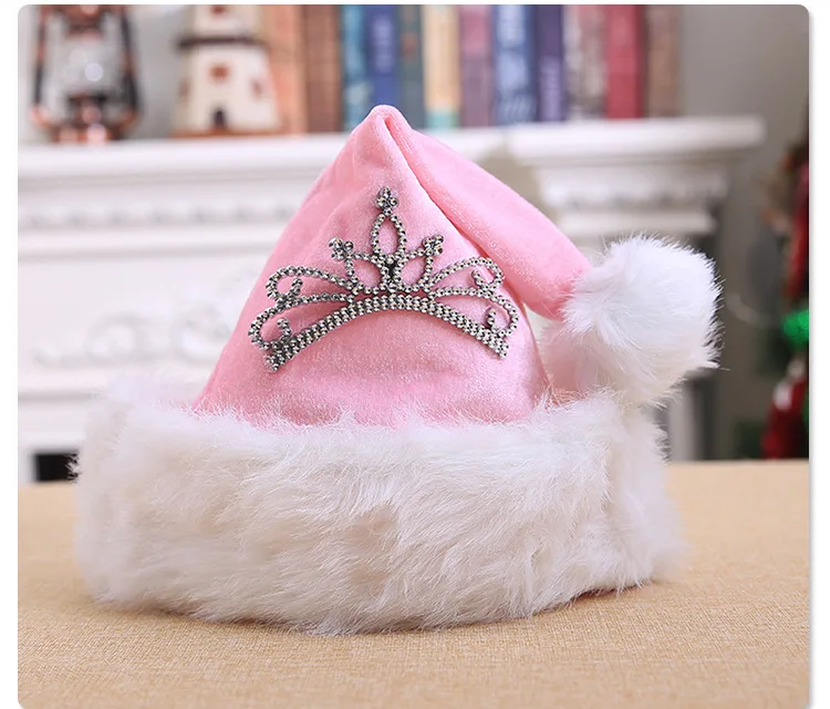 Lovely Christmas Decorations New Holiday Clothes Dress Up Adult Pink Crown Christmas Plush Hat Kid Santa