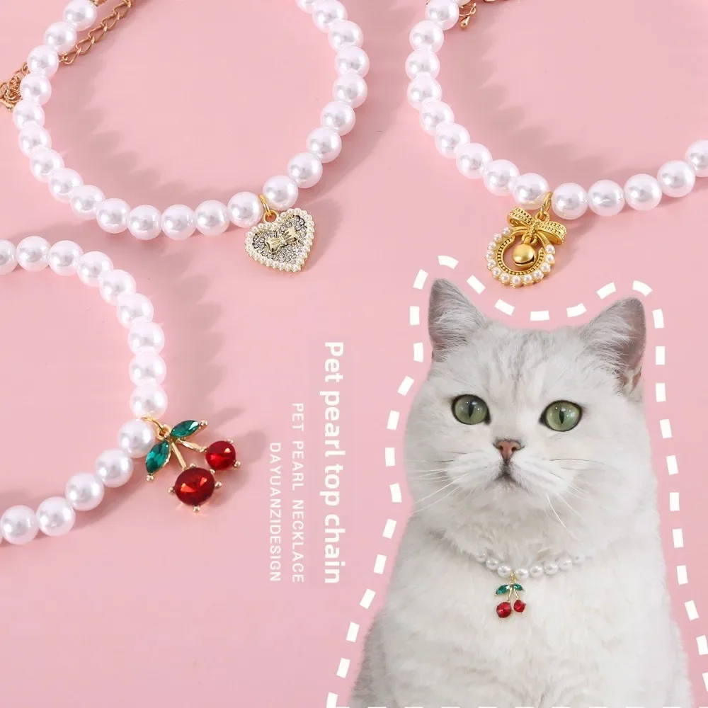 Pet Princess Style Pearl Cherry Love Bow Pendant Necklace Cat Bichon Dog Birthday Ins Wind Collar Pet Princess Style Pearl Cherry Love Bow Pendant Necklace Cat Bichon Dog Birthday Ins Wind Collar