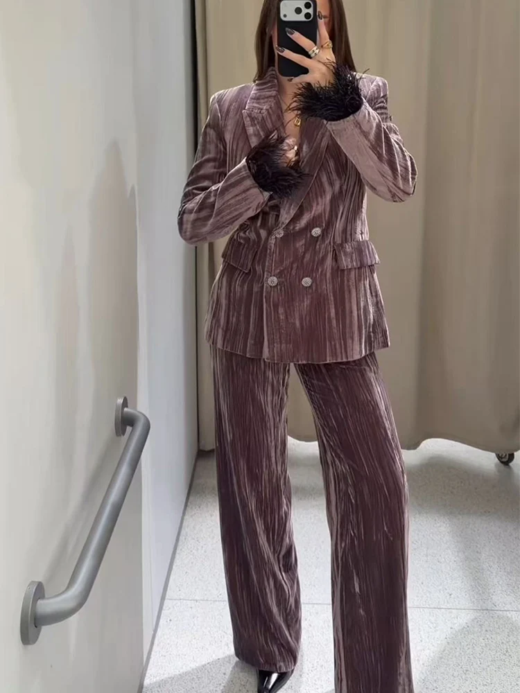 Women's Blazer Pants Set With Feather Cuffs Vintage Velvet Double Breasted Coat And Wide Leg Trousers Elegant Office Lady Suit