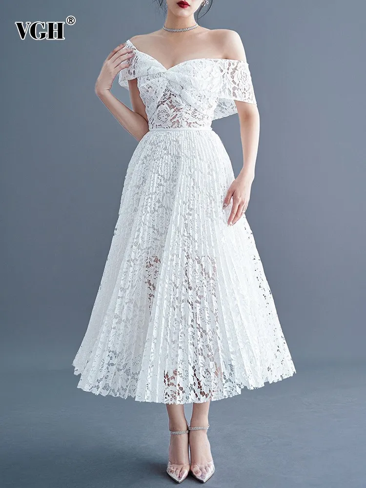 

VGH solid patchwork lace elegant dress for women slash neck short sleeve high waist temperament a line dresses female fashion