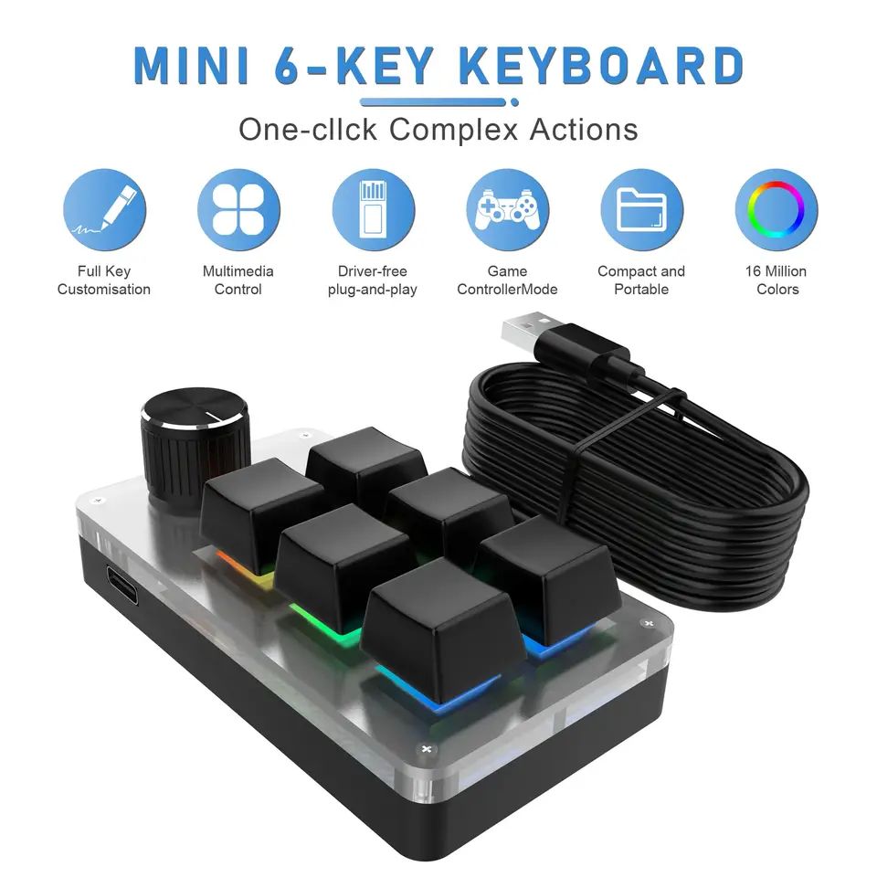 6 Keys 1 Knob RGB Programming Macro Gaming Knob Keypads Mini Custom Programming Keyboard USB Mechanical Keyboard for Photoshop image 2